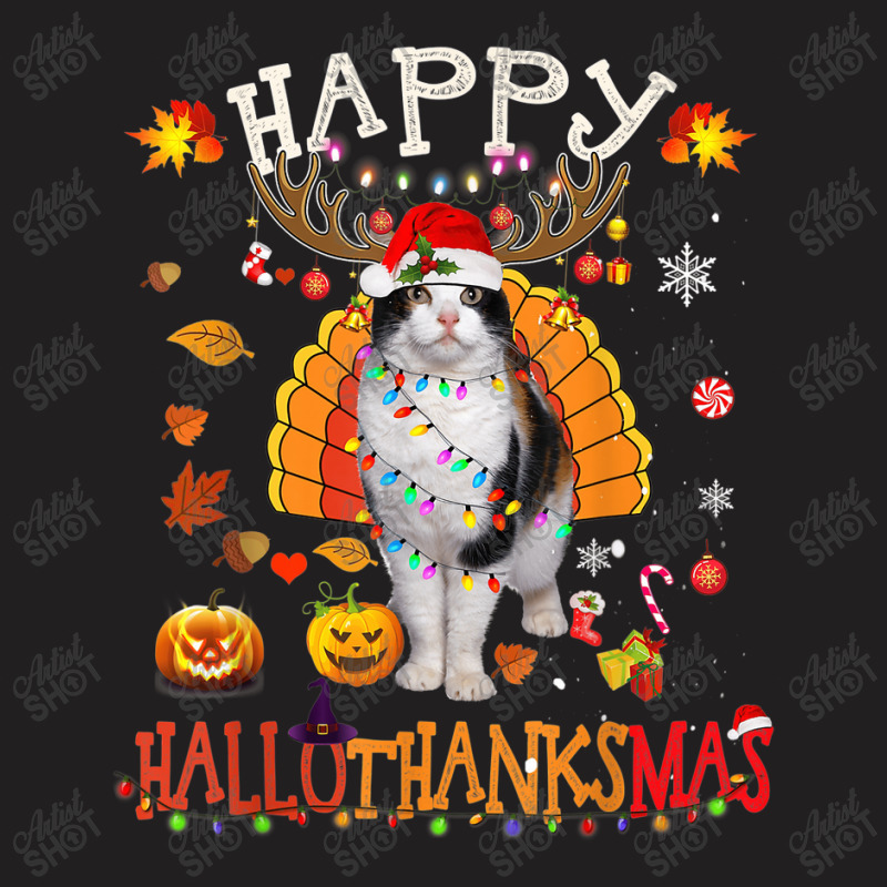 Funny Cat Happy Hallothanksmas Halloween Thanksgiving Xmas T-shirt | Artistshot