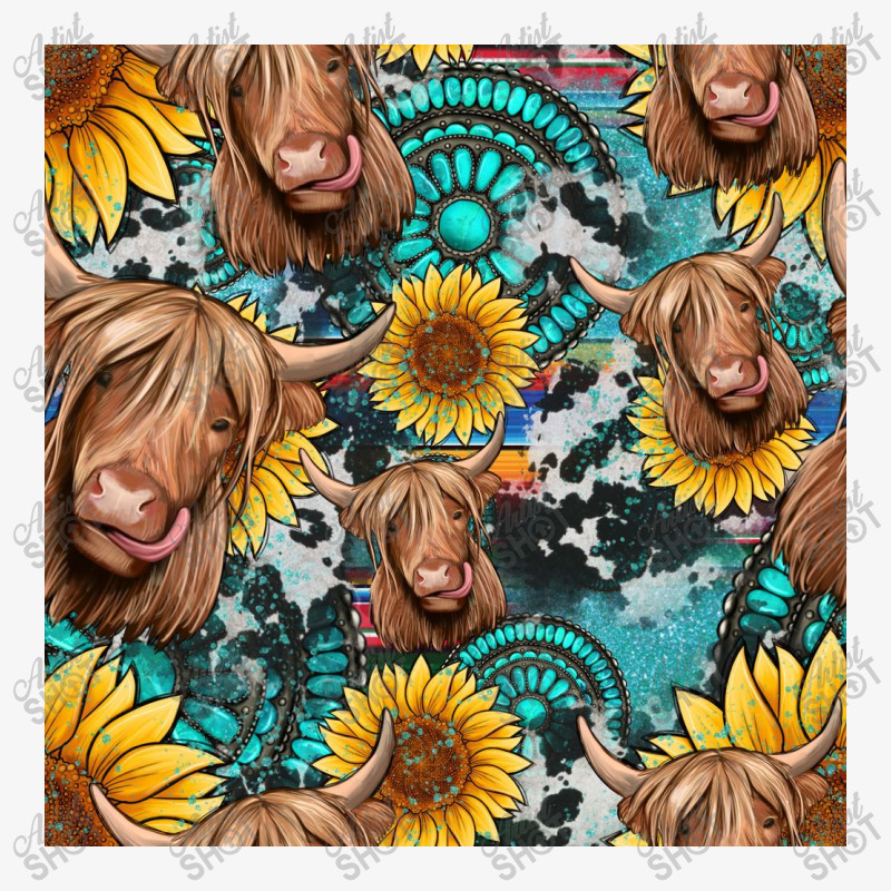 Highland Cow Sunflowers Turquoise Seamless Pattern Ladies Fitted T-shirt | Artistshot