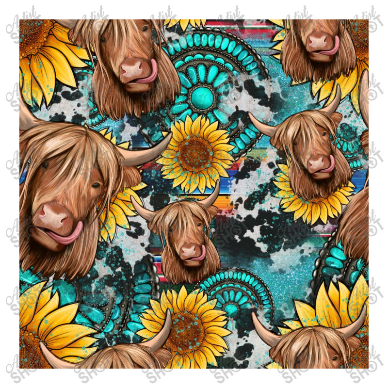 Highland Cow Sunflowers Turquoise Seamless Pattern Women's Pajamas Set | Artistshot