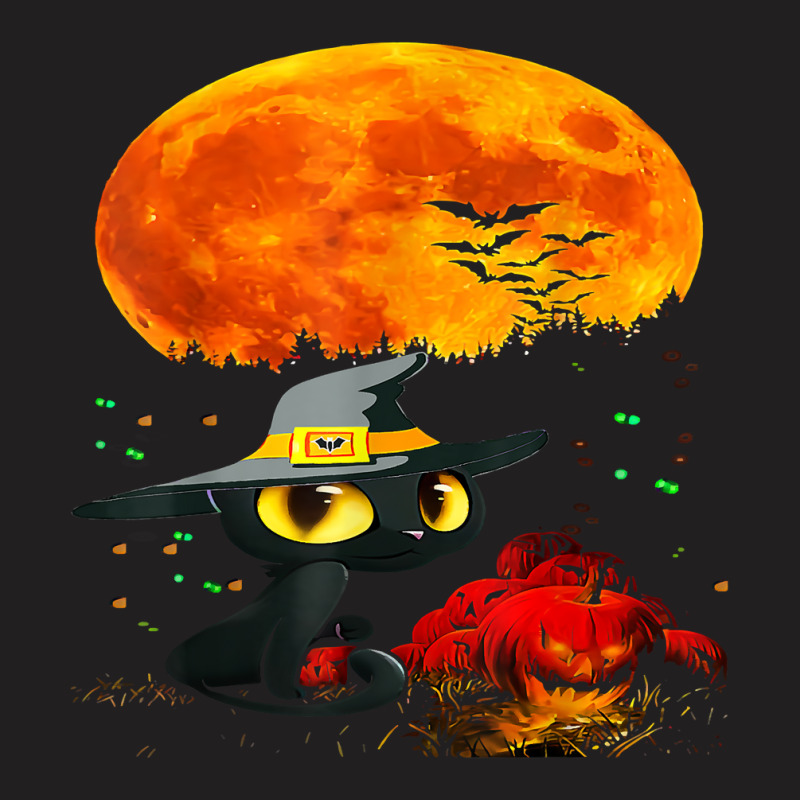 Black Cat Halloween Scary Pumpkins Full Moon Black Cat Lover 51 T-Shirt by MichaelAkins | Artistshot