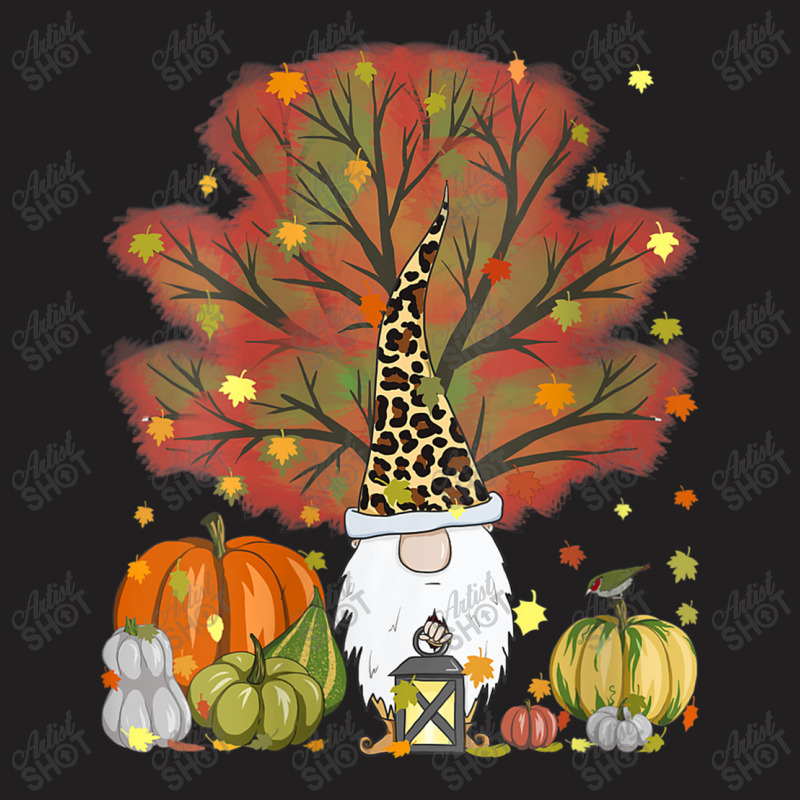 Womens Funny Fall Gnome Leopard Pumpkin Autumn Leaves Thanksgiving T-shirt | Artistshot