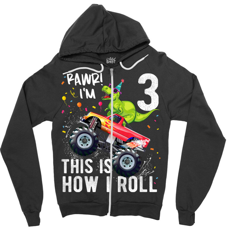 Kids T Rex Dinosaur Monster Truck 3rd Birthday Boys And Girls Design C Zipper Hoodie | Artistshot