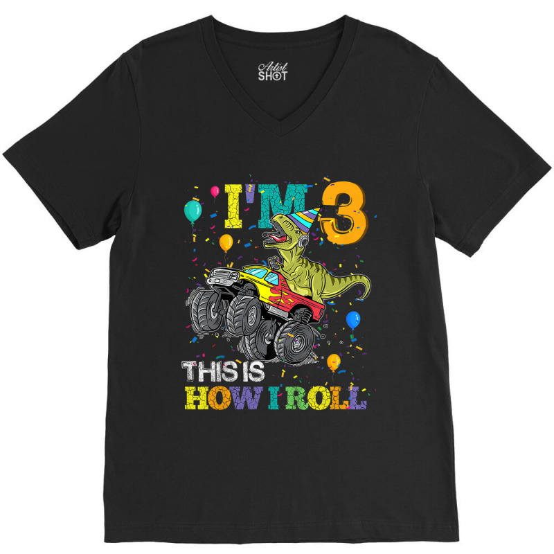 Kids T Rex Dinosaur Monster Truck 3rd Birthday Boys And Girls Games Ch V-neck Tee | Artistshot