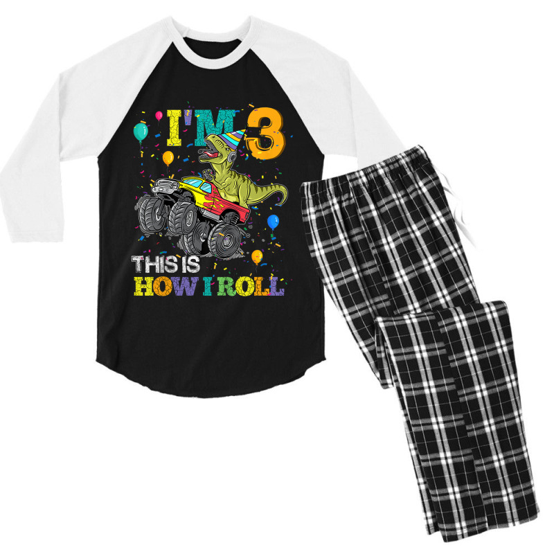 Kids T Rex Dinosaur Monster Truck 3rd Birthday Boys And Girls Games Ch Men's 3/4 Sleeve Pajama Set | Artistshot