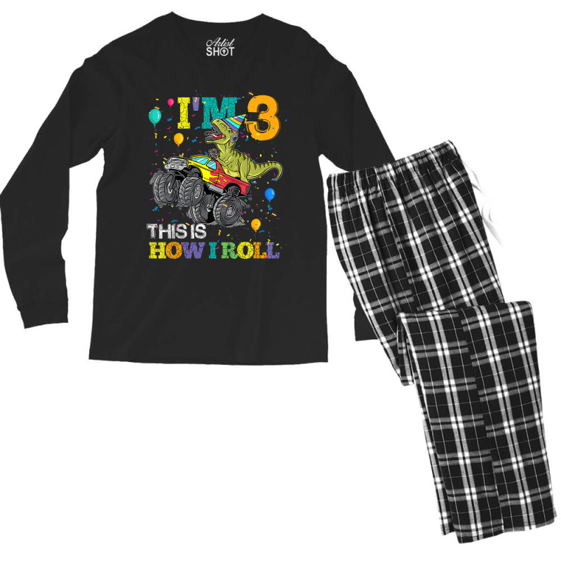 Kids T Rex Dinosaur Monster Truck 3rd Birthday Boys And Girls Games Ch Men's Long Sleeve Pajama Set | Artistshot