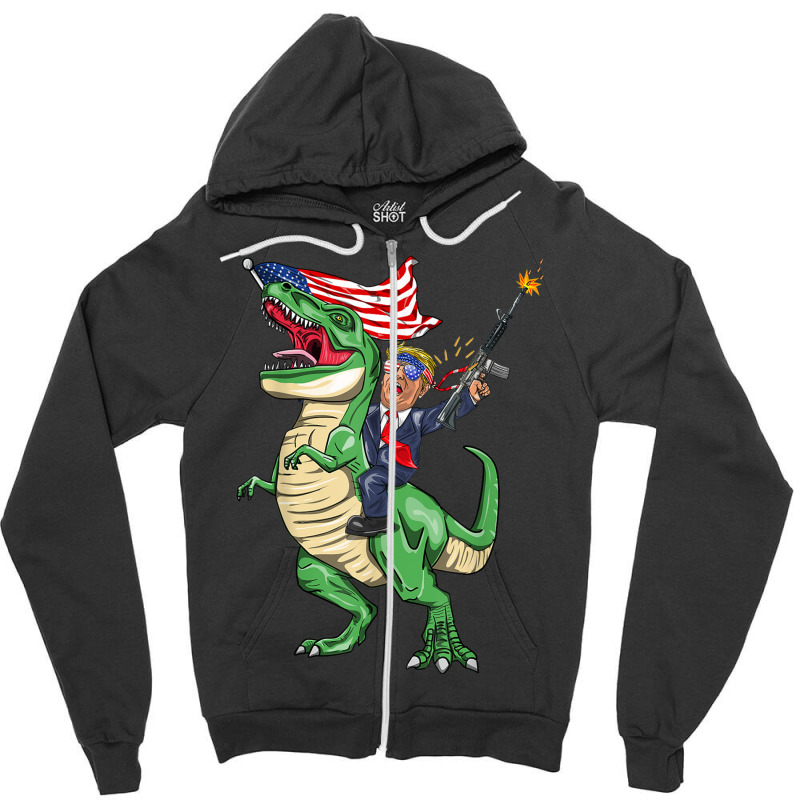 Machine Gun Trump On T Rex Dinosaur With American Flag Women My Favori Zipper Hoodie | Artistshot