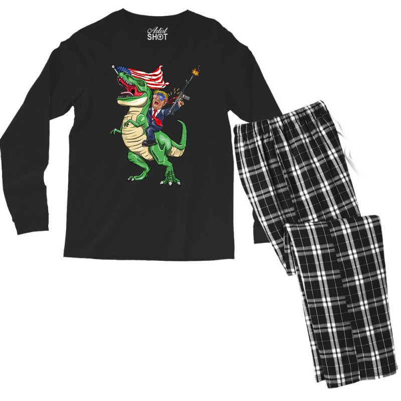 Machine Gun Trump On T Rex Dinosaur With American Flag Women My Favori Men's Long Sleeve Pajama Set | Artistshot