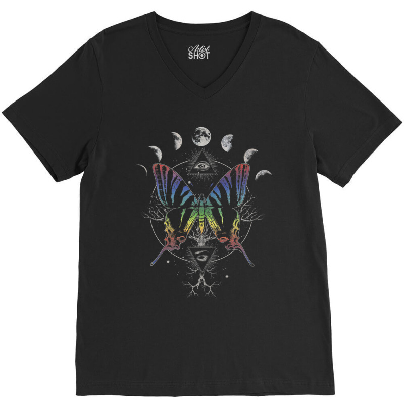 Moon Cycle Rainbow Butterfly Circle V-neck Tee | Artistshot