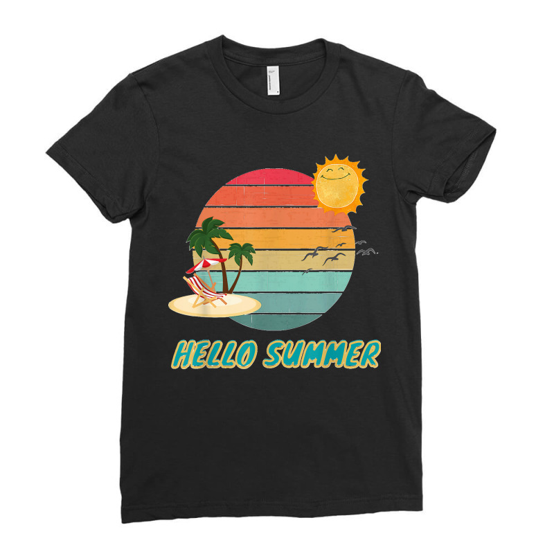 Hello Summer Vacation Palm Tree Sun Birds And Sea Ladies Fitted T-Shirt by LeonelSalas | Artistshot