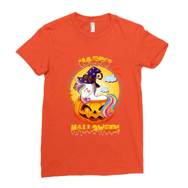 Happy Halloween Cute Candy Corn Unicorn With Witch Hat Girls Ladies Fitted T-Shirt by BuenoBloom | Artistshot