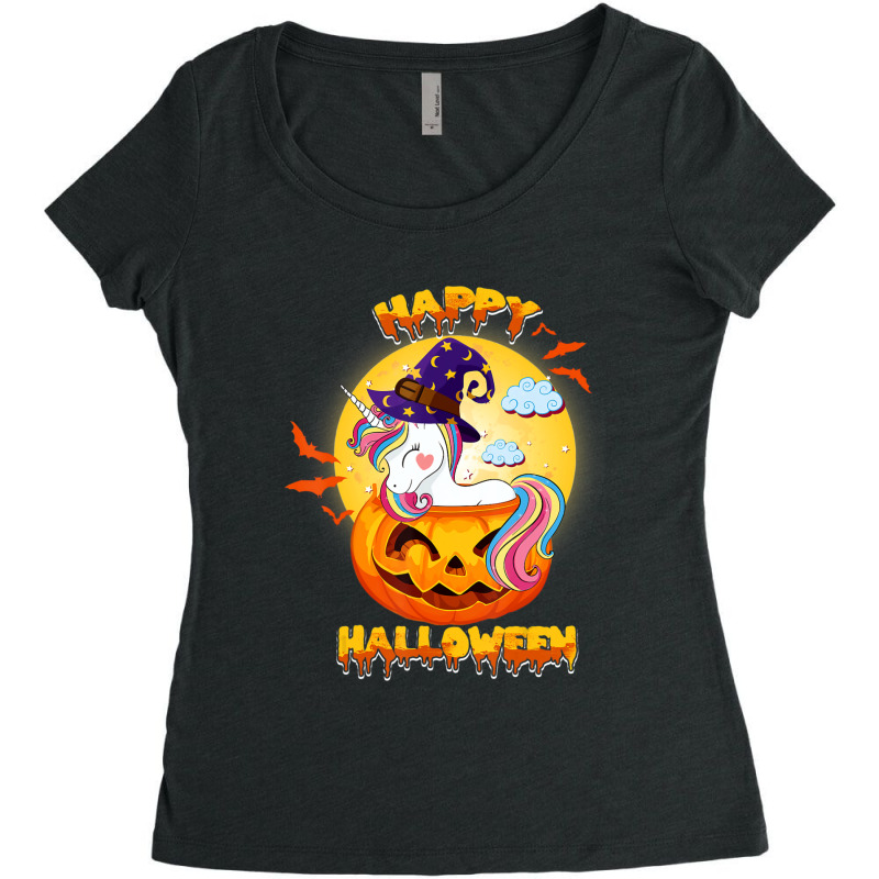 Happy Halloween Cute Candy Corn Unicorn With Witch Hat Girls Women's Triblend Scoop T-shirt by BuenoBloom | Artistshot