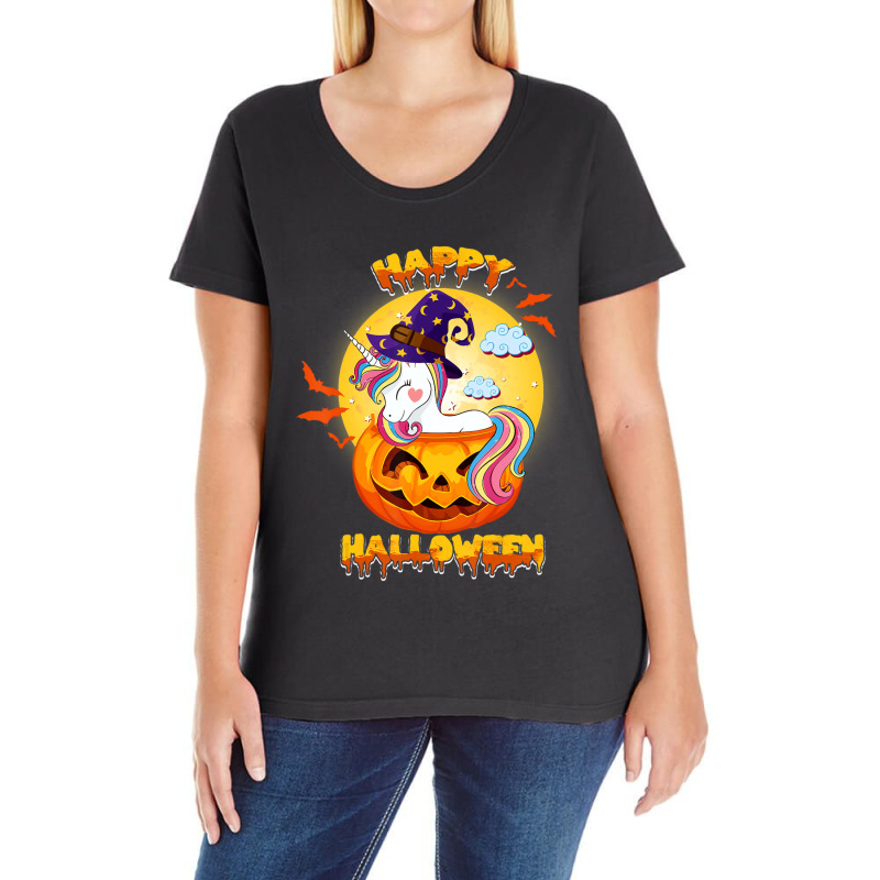 Happy Halloween Cute Candy Corn Unicorn With Witch Hat Girls Ladies Curvy T-Shirt by BuenoBloom | Artistshot