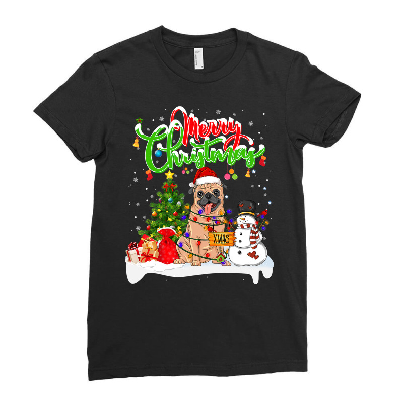 Pug Dog Xmas Lighting Matching Santa Pug Dog Wearing Christmas 165 Ladies Fitted T-Shirt by pester | Artistshot