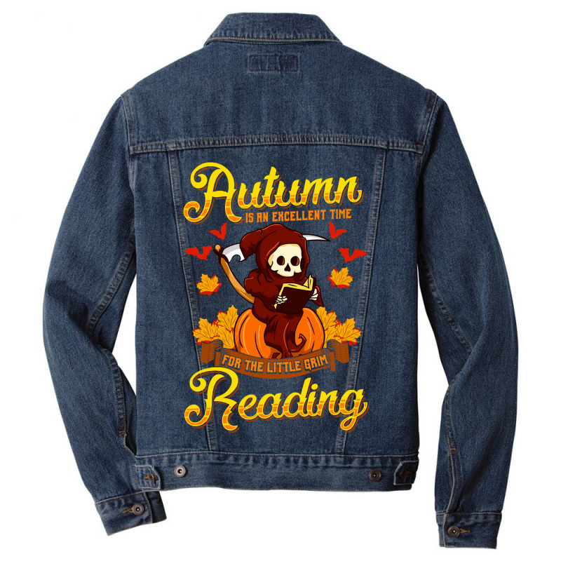 Book Halloween Grim Reaper Autumn Excellent Time Little Grim Reading Men Denim Jacket by peafowl | Artistshot