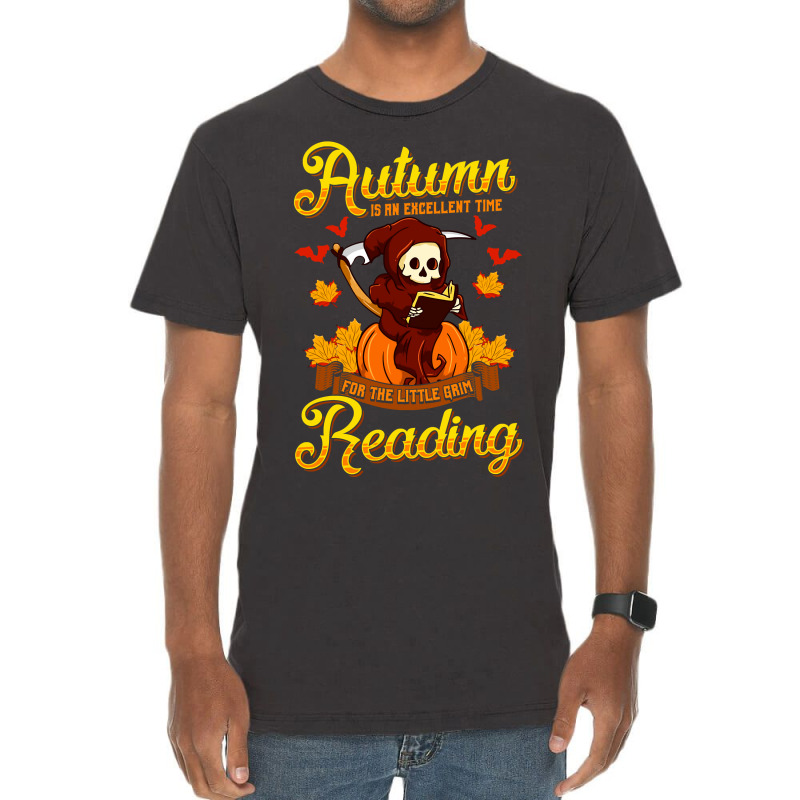 Book Halloween Grim Reaper Autumn Excellent Time Little Grim Reading Vintage T-Shirt by peafowl | Artistshot