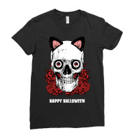 Skull Skeleton Rose Happy Halloween Kitty Ears Rose Skull Bones Ladies Fitted T-shirt | Artistshot