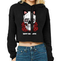 Skull Skeleton Rose Happy Halloween Kitty Ears Rose Skull Bones Cropped Hoodie | Artistshot