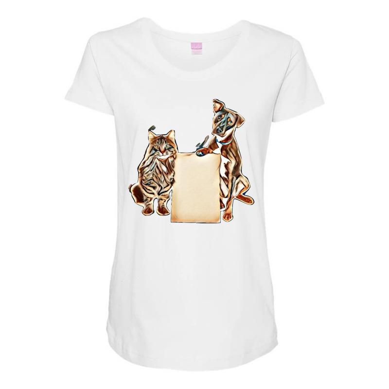 Cat And Dog Together Holding Blank Cardboard Sign To Enter Your Messag Maternity Scoop Neck T-shirt by Kemnabi | Artistshot