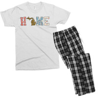 Home State Michigan Map With Floral Pattern And Leopard Texture Men's T-shirt Pajama Set | Artistshot