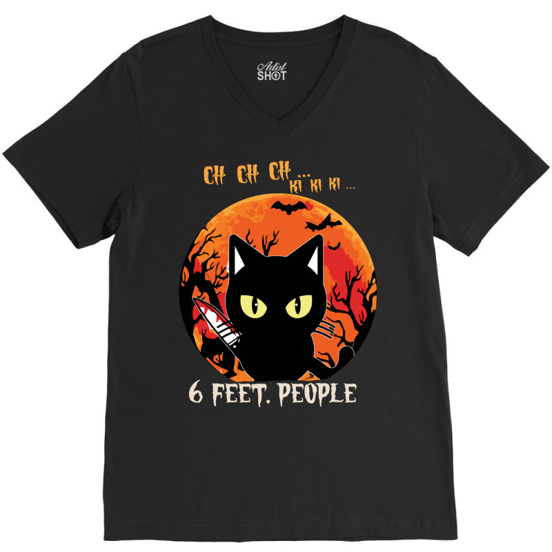 Black Cat Halloween Cat 6 Feet People 90 Cat Lover V-Neck Tee by peafowl | Artistshot