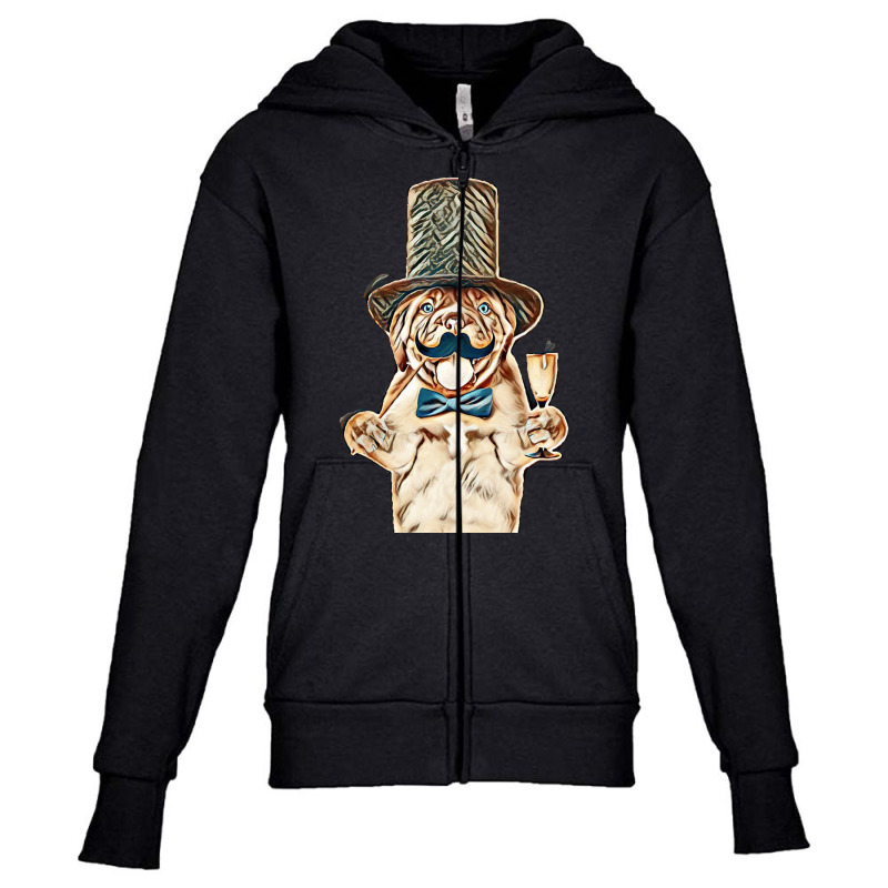 Puppy Gentleman Wearing Tie Bow And Cylinder Hat Holds  Mustache On St Youth Zipper Hoodie | Artistshot