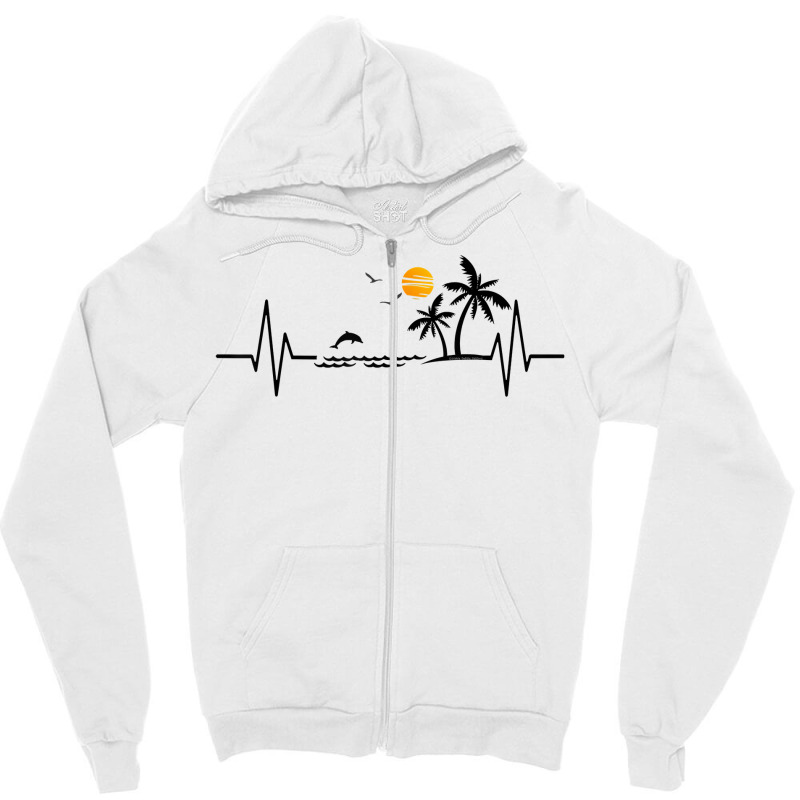 Heartbeat With Tropical Palm Trees Beach Island And Dolphin T Shirt Zipper Hoodie by klezgbnist | Artistshot