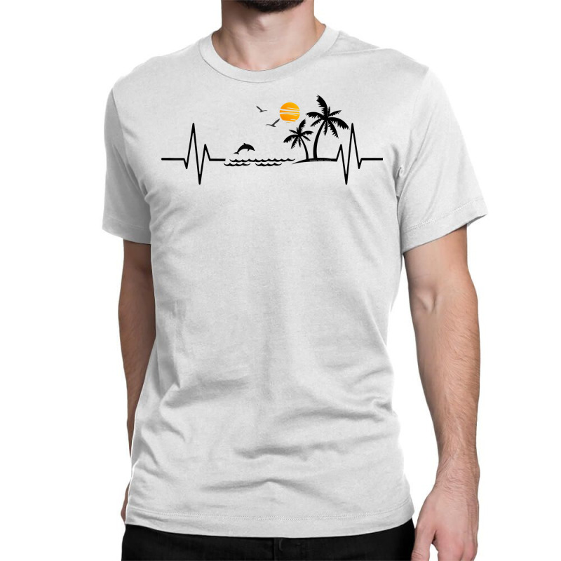 Heartbeat With Tropical Palm Trees Beach Island And Dolphin T Shirt Classic T-shirt by klezgbnist | Artistshot