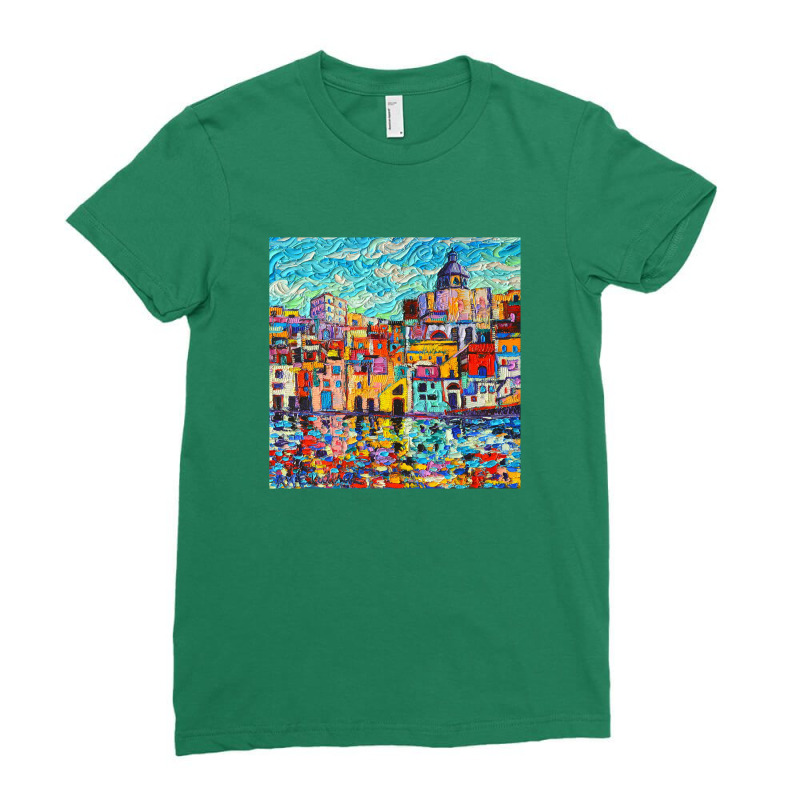 Italy Procida Island Marina Corricella Naples Bay Palette Knife Oil Pa Ladies Fitted T-Shirt by magicbooshrooms | Artistshot