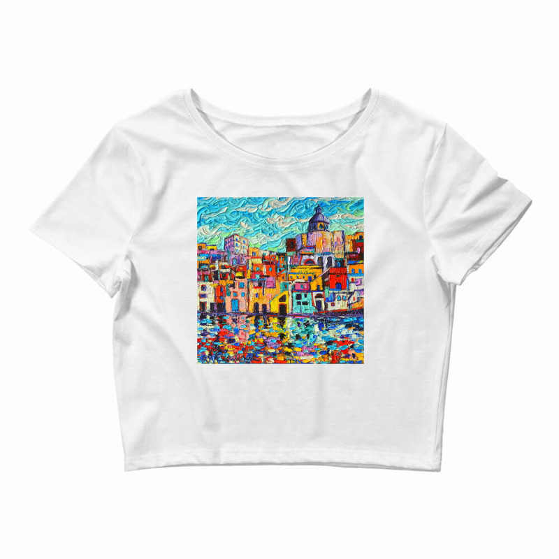 Italy Procida Island Marina Corricella Naples Bay Palette Knife Oil Pa Crop Top by magicbooshrooms | Artistshot