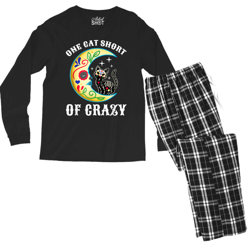 One Cat Short Of Crazy Sugar Skull Moon And Kitten Painting Men's Long Sleeve Pajama Set | Artistshot