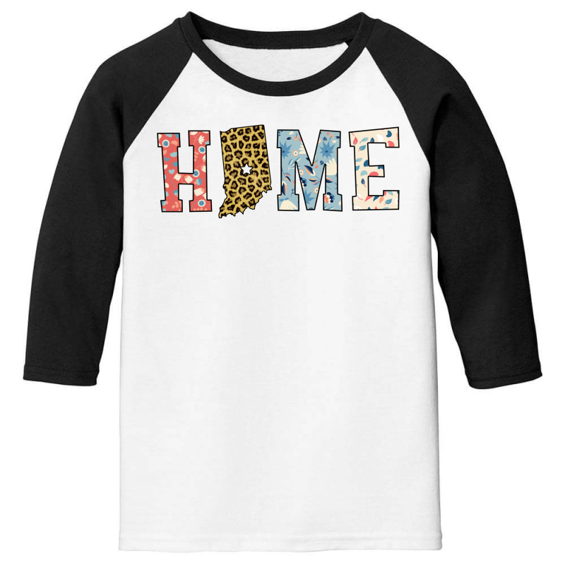 Home State Indiana Map With Floral Pattern And Leopard Texture Youth 3/4 Sleeve | Artistshot