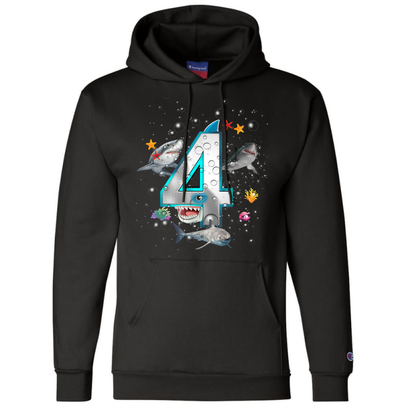 Kids 4th Birthday Boys Shark 4 Years Old Ocean Shark B Day T Shirt Champion Hoodie | Artistshot