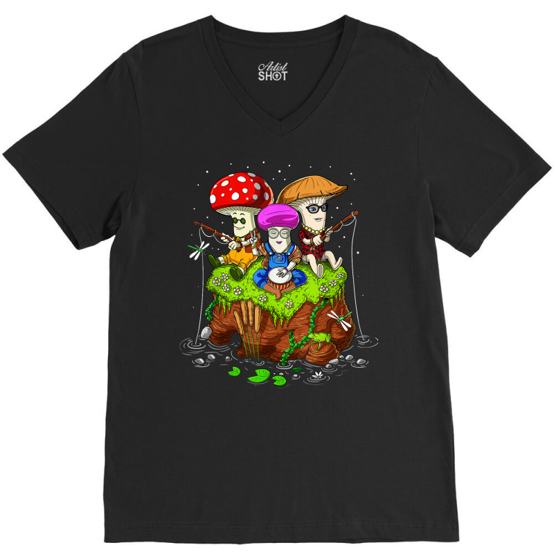 Hippie Mushrooms Fishing Forest Fungi Foraging Mycology T Shirt V-Neck Tee by puetzee | Artistshot