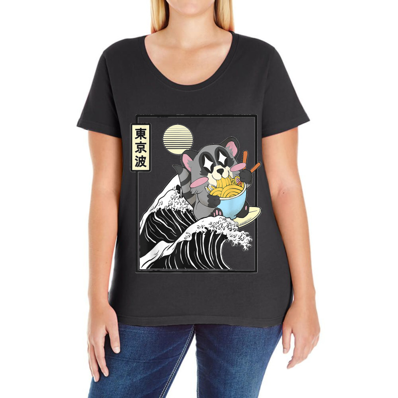 Raccoon Eating Ramen Japanese Waves Anime Minimal Kawaii Ladies Curvy T-Shirt by LisaMarieRangel | Artistshot