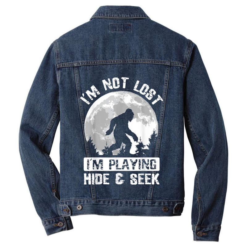 Retro Bigfoot Im Not Lost Im Playing Hide & Seek Sasquatch Men Denim Jacket by LisaMarieRangel | Artistshot