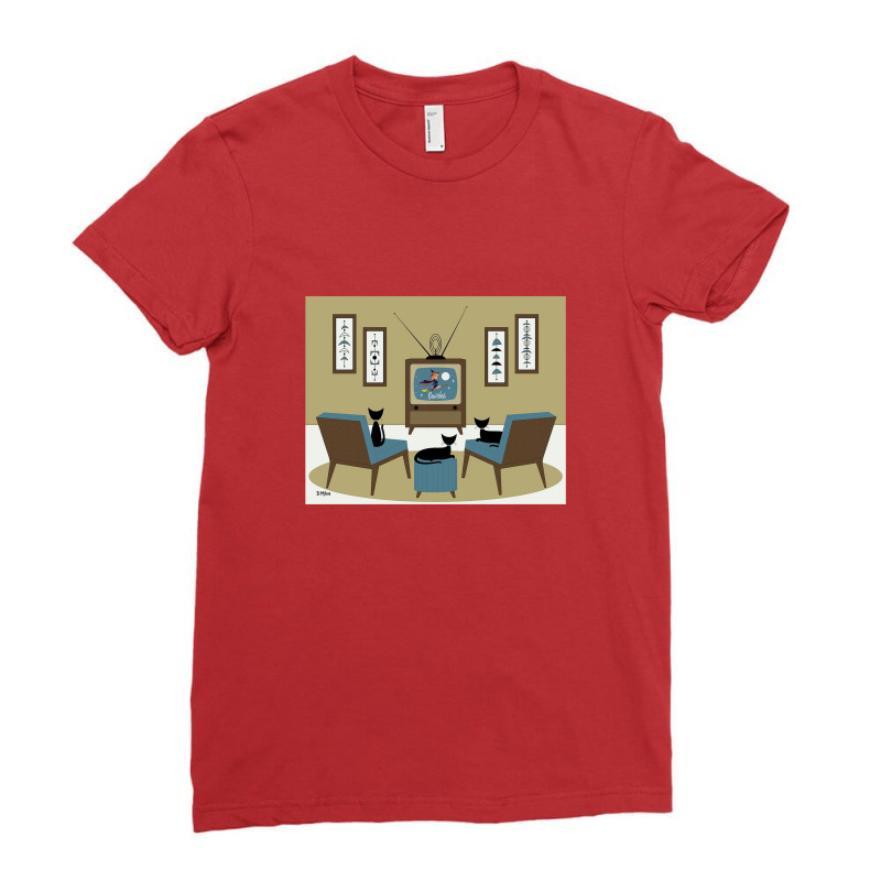 Mid Century Cat Watching Tv Ladies Fitted T-Shirt by agodraws | Artistshot