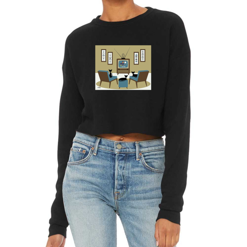 Mid Century Cat Watching Tv Cropped Sweater by agodraws | Artistshot