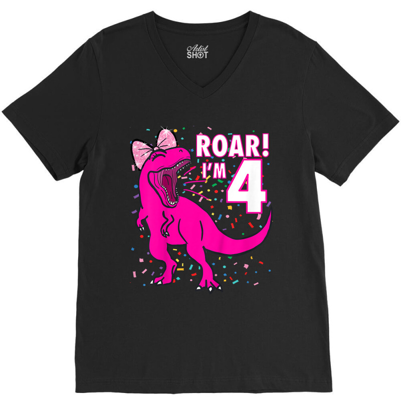 Kids Roar I'm 4 (four Year Old Dinosaur Birthday) 4th Dino Theme T-shi V-Neck Tee by CharlesDiya | Artistshot