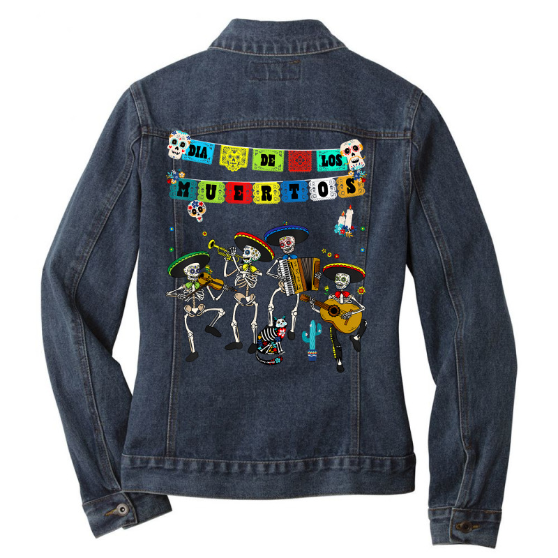 Dia De Los Muertos Papel Picado   Calavera De Alfeñique T Shirt Ladies Denim Jacket by cm-arts | Artistshot