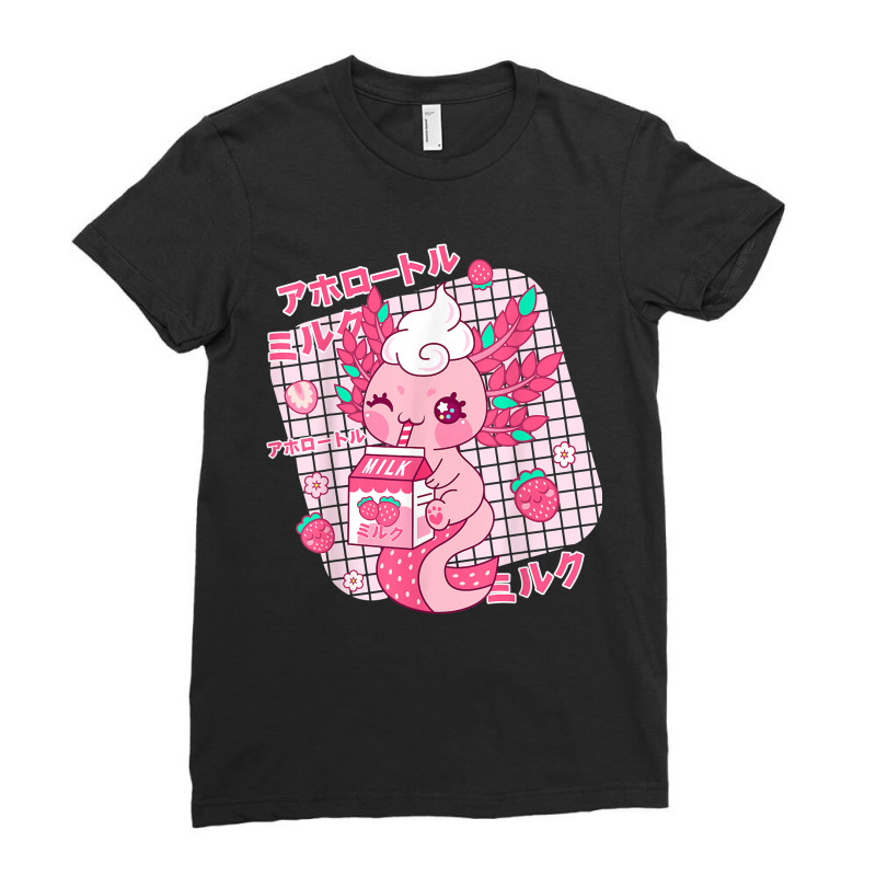 Kawaii Axolotl Strawberry Milk Shake Japanese Retro Anime Gift For Fan Ladies Fitted T-Shirt by BethelThrift | Artistshot