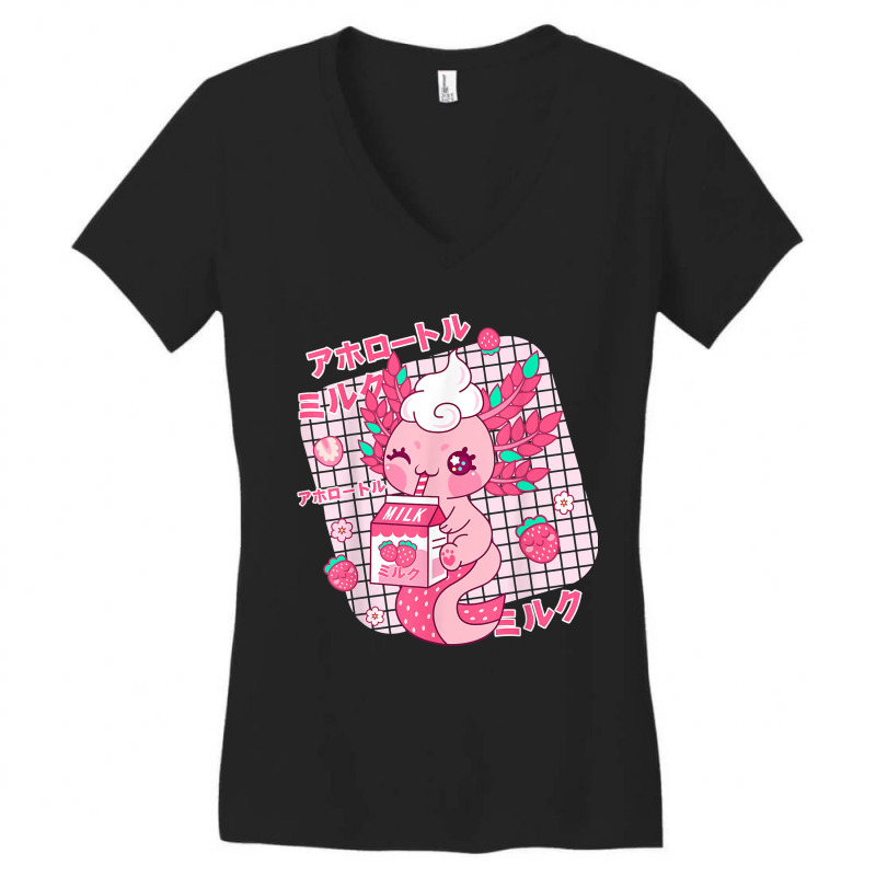 Kawaii Axolotl Strawberry Milk Shake Japanese Retro Anime Gift For Fan Women's V-Neck T-Shirt by BethelThrift | Artistshot