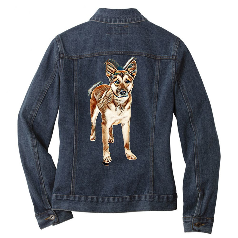 Pretty German Shepherd Crossbreed Dog Standing On White With Sad Expre Ladies Denim Jacket by Kemnabi | Artistshot