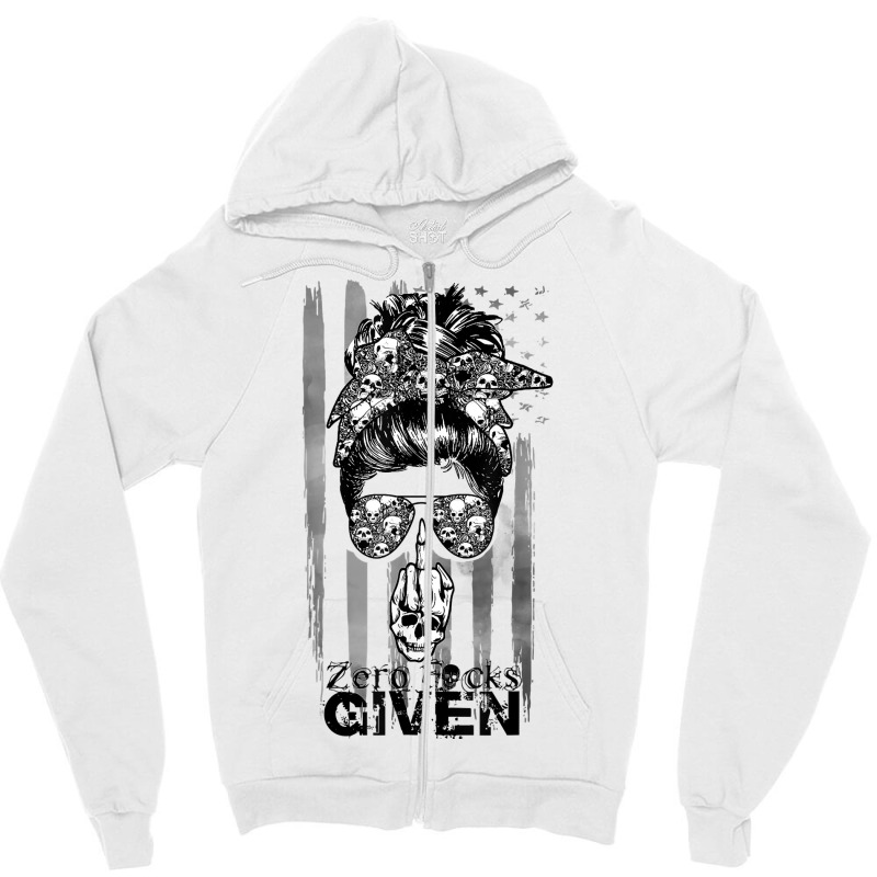 Messy Bun Skull Zero Fuck Given Halloween Usa Flag T Shirt Zipper Hoodie by cm-arts | Artistshot