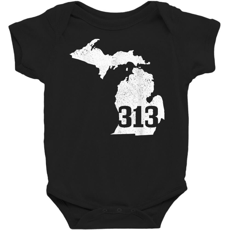 Detroit 313 Area Code Michigan Map State Pride Vintage T Shirt Baby Bodysuit by cm-arts | Artistshot