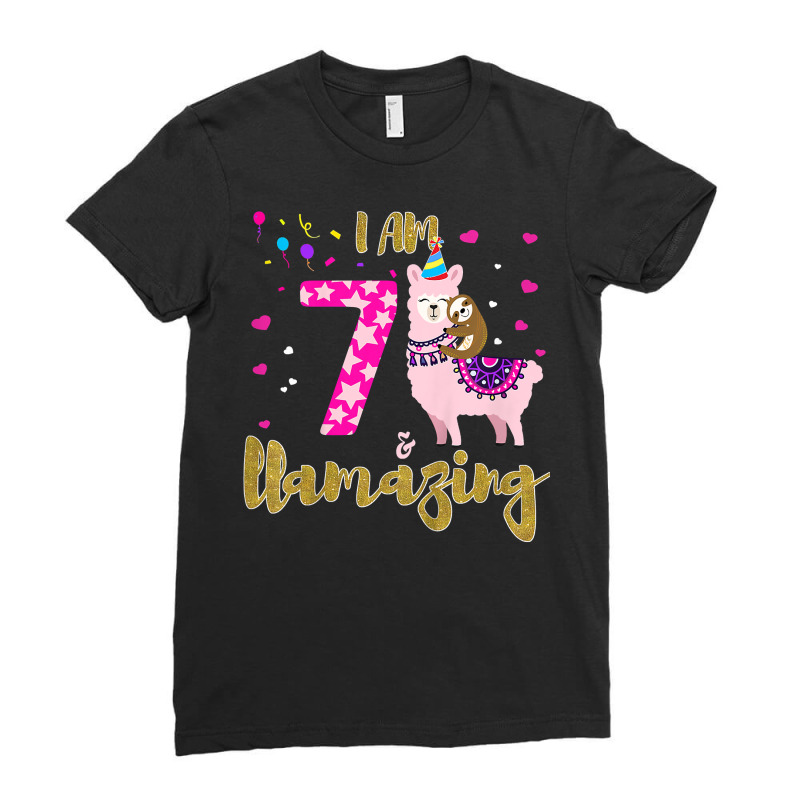 Kids I M 7 Years Old And Llamazing Funny 7th Birthday Sloth Llama Ladies Fitted T-Shirt by Tisha Brown | Artistshot