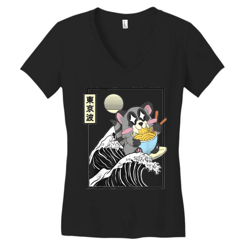 Raccoon Eating Ramen Japanese Waves Anime Minimal Kawaii Women's V-Neck T-Shirt by AnaMercedesContreras | Artistshot