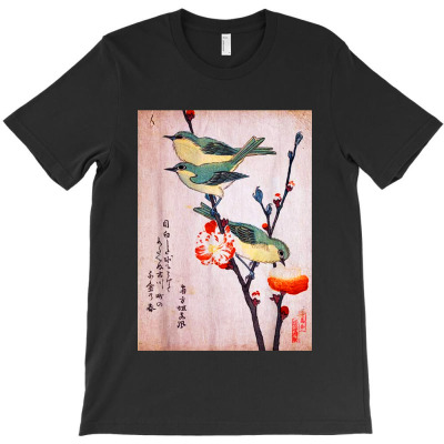 Japanese Art Birds On Peach Tree T-shirt Designed By Glasskaca