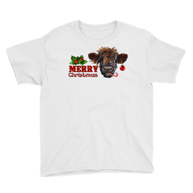 Merry Christmas Highland Calf With Candy Cane Youth Tee by RanaPortraitStore | Artistshot