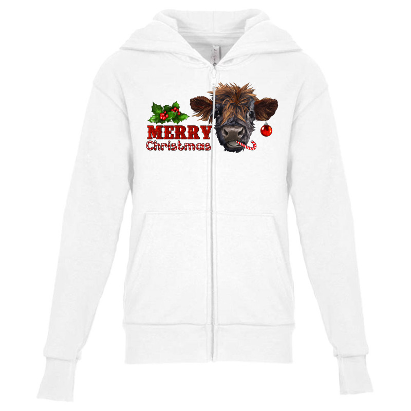 Merry Christmas Highland Calf With Candy Cane Youth Zipper Hoodie by RanaPortraitStore | Artistshot