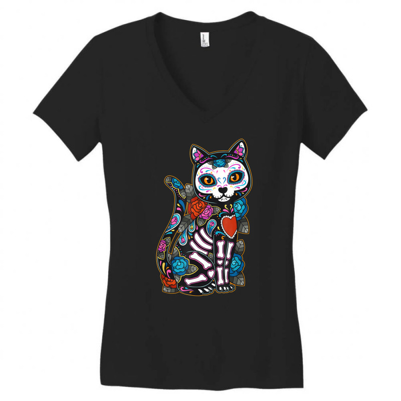 Cat Sugar Skull Mexico Calavera Dia De Los Muertos Halloween Women's V-Neck T-Shirt by Bestdesigns | Artistshot